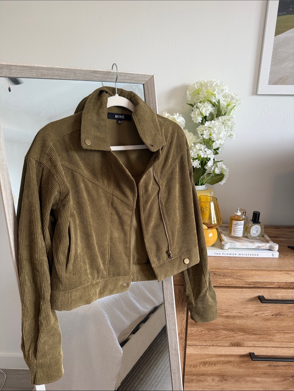 MINE Olive Corduroy Cropped Bomber Jacket